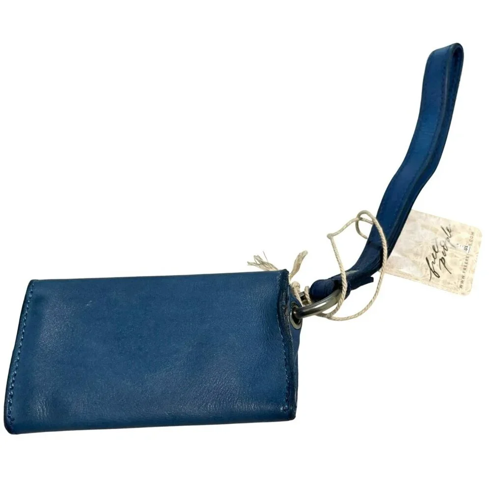 Free People Blue Leather Tri Fold Wallet Wristlet Keychain NWT